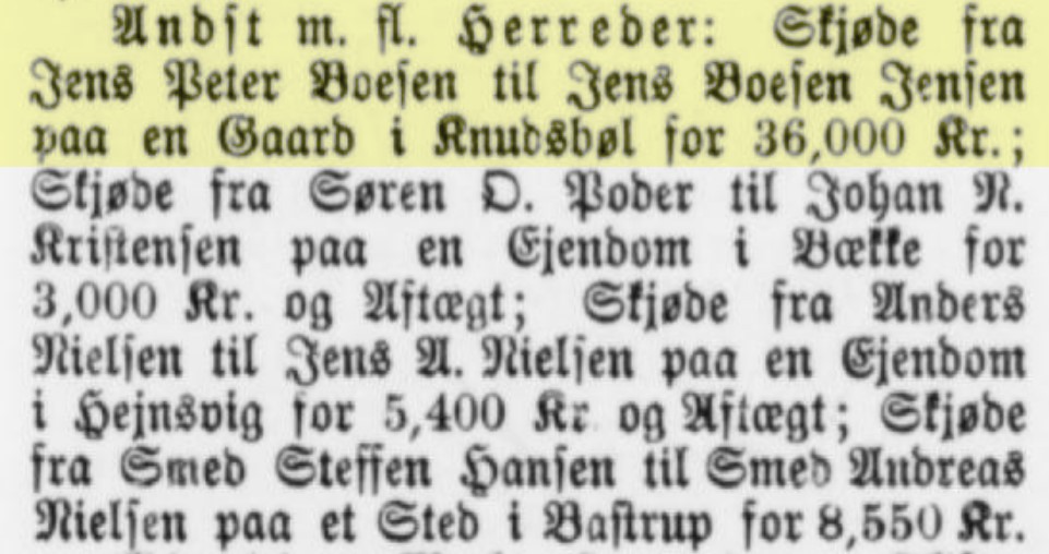 Jens Peter Boesen sælger sin gård til sin søn, Jens Boesen Jensen.